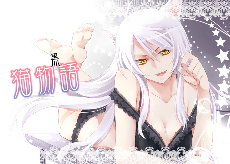 animal_ears cleavage hanekawa_tsubasa monogatari_(series) nekomonogatari shima_riu white_hair yellow_eyes